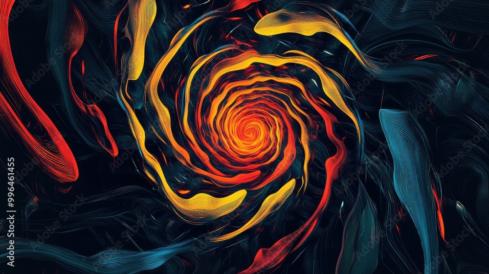 Poster abstract swirling lines and shapes creating a hypnotic pattern. bright colors in contrast with dark 