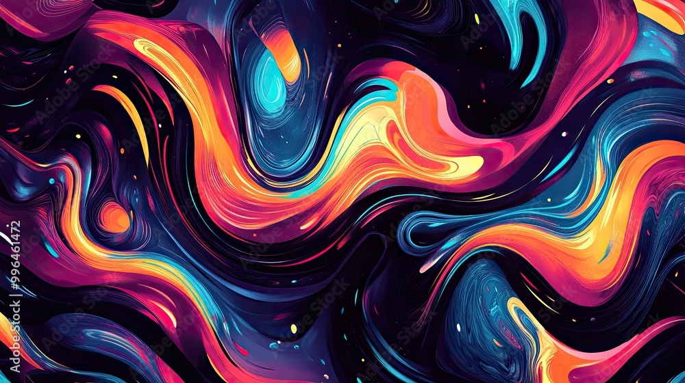 Poster abstract swirling lines and shapes creating a hypnotic pattern. bright colors in contrast with dark 