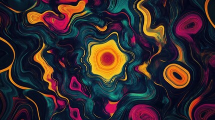 Fototapeta premium Abstract swirling lines and shapes creating a hypnotic pattern. Bright colors in contrast with dark background.