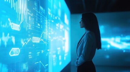 Naklejka premium A woman observes digital data on screens in a modern, tech-focused environment.