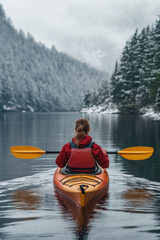 A man kayaking in lake water in winter with snow