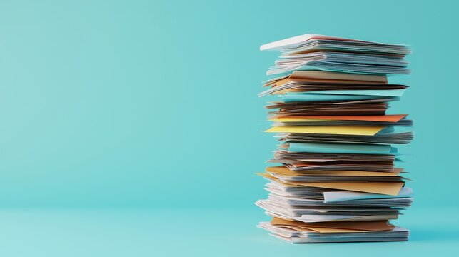 Colorful stack of papers on a teal background, representing organization and planning.