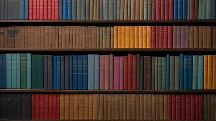 Colorful, neatly arranged books on shelves representing a variety of genres and themes in a library.