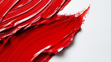 A closeup reveals a bold, thick stroke of vibrant red paint smeared across a white canvas, showcasing artistic texture and color interplay in contemporary art