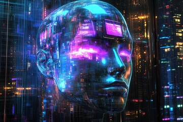 A computer generated face with a blue eye and a purple eye