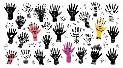 Hand-drawn tribal masks with stylized human figures in a repeating pattern, evoking ancient cave paintings and primitive art.