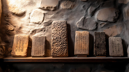 Ancient stone tablets with cuneiform writing. Ancient Mesopotamia. Illustration