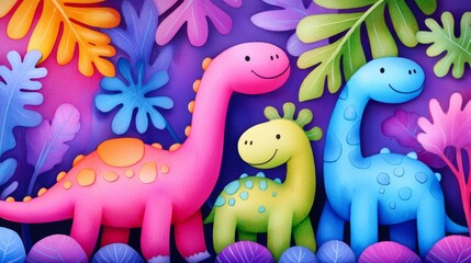Naklejka premium Happy dinosaurs in a magical jungle with neon-colored leaves and flowers, celebrating prehistoric fun.