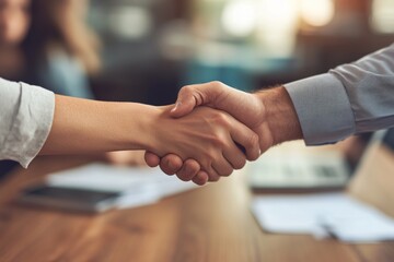 A close up of two hands shaking in agreement on a professional deal in a modern office. The image conveys trust and collaboration for business success. Generative AI