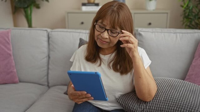 Elderly hispanic woman using a digital tablet while sitting on a comfortable sofa in a cozy living room at home.
