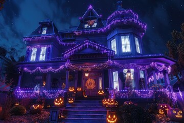 Fototapeta premium California house decorated with Halloween lights on Halloween night.