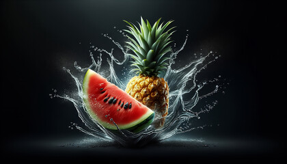A freshly sliced pineapple and juicy watermelon slice amidst lively water splashes on a dark background.