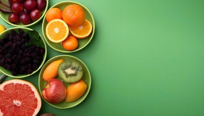 Fresh fruits, orange, grapefruit, kiwi and berries on green background, flat lay