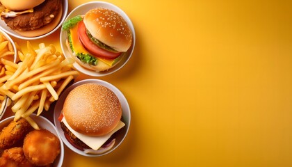 Delicious fast food meal with burgers, french fries, onion rings, and dipping sauces on yellow background. Food photography concept.