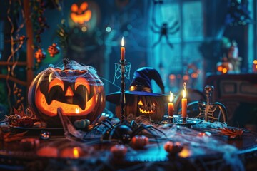 Colorful Halloween still life with spooky decorations and monster silhouette.