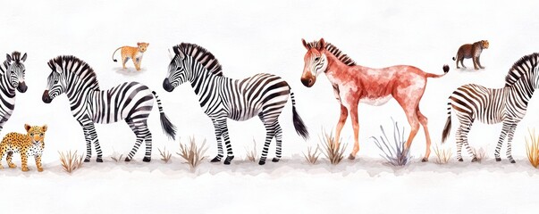 A seamless design with African savanna animals, using patterns of zebra stripes and leopard spots for a rugged, wild aesthetic.