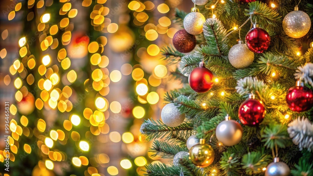 Poster christmas tree adorned with colorful ornaments, sparkling lights creating a warm and festive atmosph