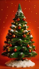 Obraz premium Christmas tree adorned with ornaments and lights, set against an orange backdrop with falling snowflakes.