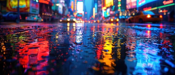 Obraz premium Vibrant City Lights Reflected in Rainy Street at Night