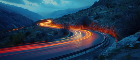 Scenic Night Road with Light Trails in Mountain Landscape
