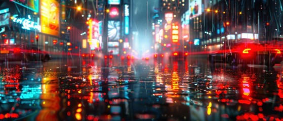 Obraz premium Vibrant Night Scene in Rainy City with Reflections
