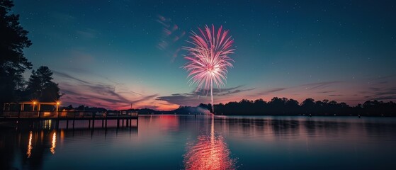 Vibrant Fireworks over Calm Waters at Dusk