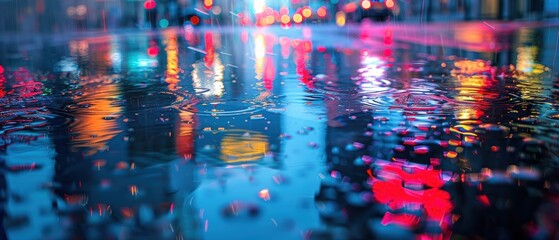 Colorful Reflections on Wet City Street at Night