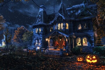 House at night decorated for Halloween. Seasonal.