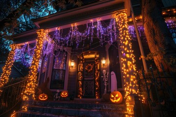 Obraz premium Spooky Halloween house decorations with orange and purple theme