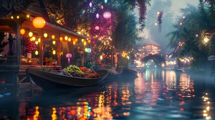Fototapeta premium Bioluminescent Floating Market with Glowing Boats and Stalls Illuminated by Nature