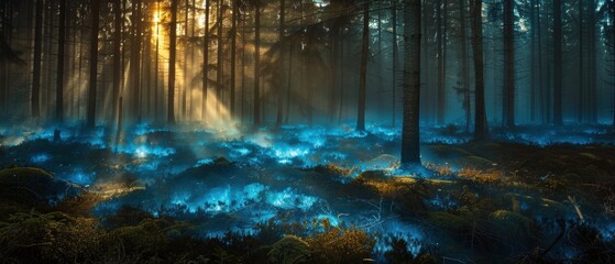 Enchanted Forest with Glowing Blue Light Effects