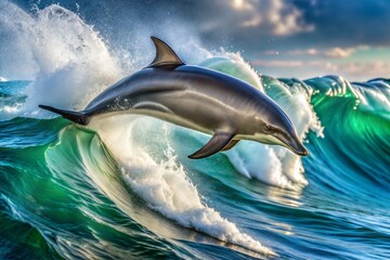 Obraz premium Dolphin leaping out of water as wave crashes