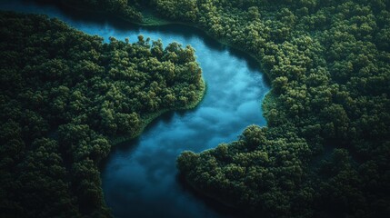 Bird's-eye view of a winding river through a dense forest, leaving ample space for copy in the foreground.