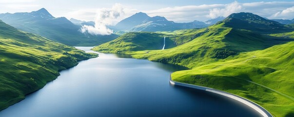 Fototapeta premium Serene mountain lake surrounded by lush green hills and a blue sky.