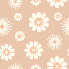 A seamless floral pattern in retro style, 70s wallpaper, cream white geometrical daisies on a light caramel background