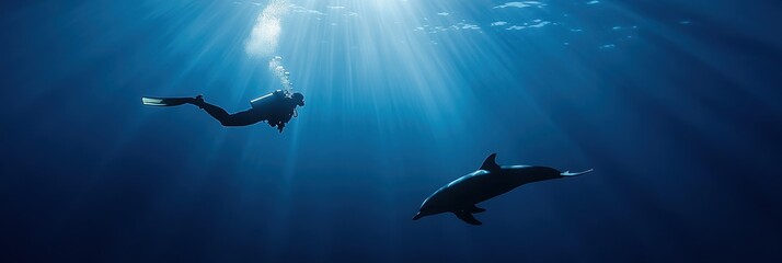 Diver with dolphin in deep sea
