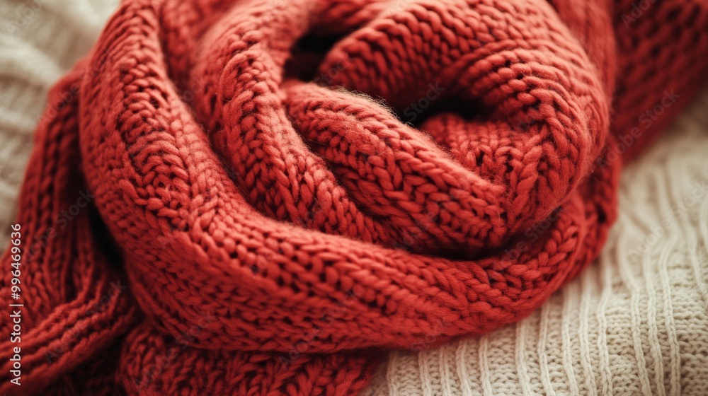 Poster A neatly folded vibrant red scarf features chunky knitted patterns, casually draped over a soft textured surface, highlighting its warmth and comfort