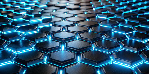 Obraz premium Abstract, futuristic, hexagonal, black tiles pattern with blue neon, 3D render, geometric background, modern design, digital art, technology concept 003