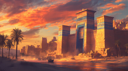 Ancient city of babylon ruins with ishtar gate's vibrant blue-glazed bricks, ziggurats, and crumbling stone walls amidst mesopotamian desert landscape sunset. Ancient Mesopotamia. Illustration