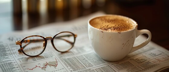 Coffee and Glasses on Financial Newspaper Close-Up