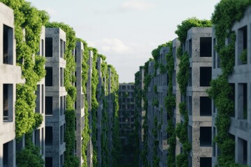 Obraz premium A futuristic urban landscape featuring abandoned buildings overtaken by lush greenery, blending nature with urban decay.