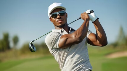 handsome golfer sport man with hat  and a beautiful shirt, swinging a club during a sunny day on...