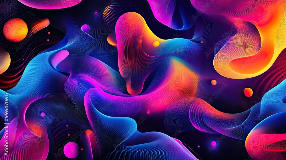 Poster bright and energetic abstract pattern with overlapping shapes and textures in neon colors.