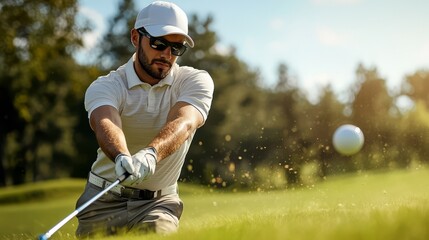 handsome golfer sport man with hat  and a beautiful shirt, swinging a club during a sunny day on the course.