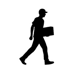 Silhouette of a Delivery Worker Carrying a Box Isolated on White Background – Vector Design