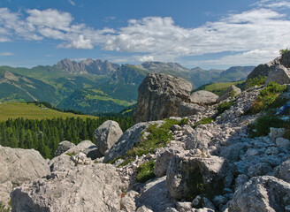 scenic rocky panorama of the Dolomites in summer