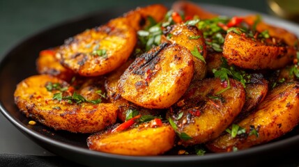 A plate of freshly fried Kelewele is served, featuring crispy, spicy plantains topped with chopped herbs, highlighting the dish's rich flavors and textures