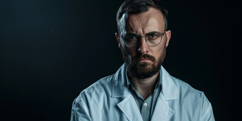Obraz premium A surprised bearded man wearing glasses and a white lab coat stands against a plain background, conveying a sense of shock or discovery