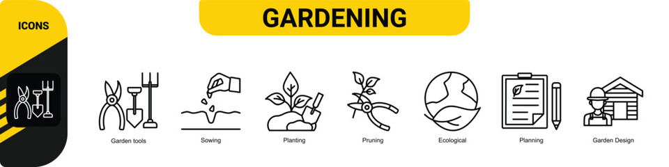 Gardening icons set and design elements vector illustration with the icon of garden tools, sowing, planting, pruning, ecological, planning and garden © tru3_Art