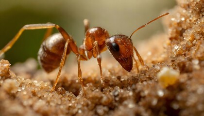 Black ant on a white fungus, macro photo